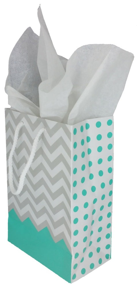 Robin's Egg Polka Dot / Chevron Glossy Tote Gift Bag - 8" x 5" x 10"H (10Bags/Pack)