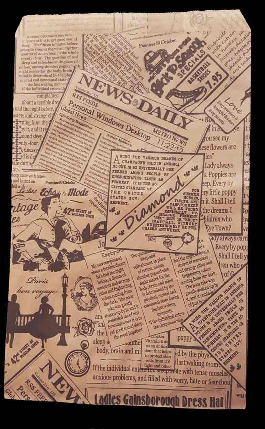 Newspaper Print Pattern Flat Paper Bags - 100Bags/Pack - Multiple Sizes