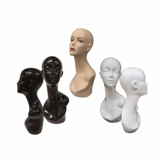 Group Image of Female Fiberglass Mannequin Head with Pierced Ear in Black, White, and Flesh Tone.