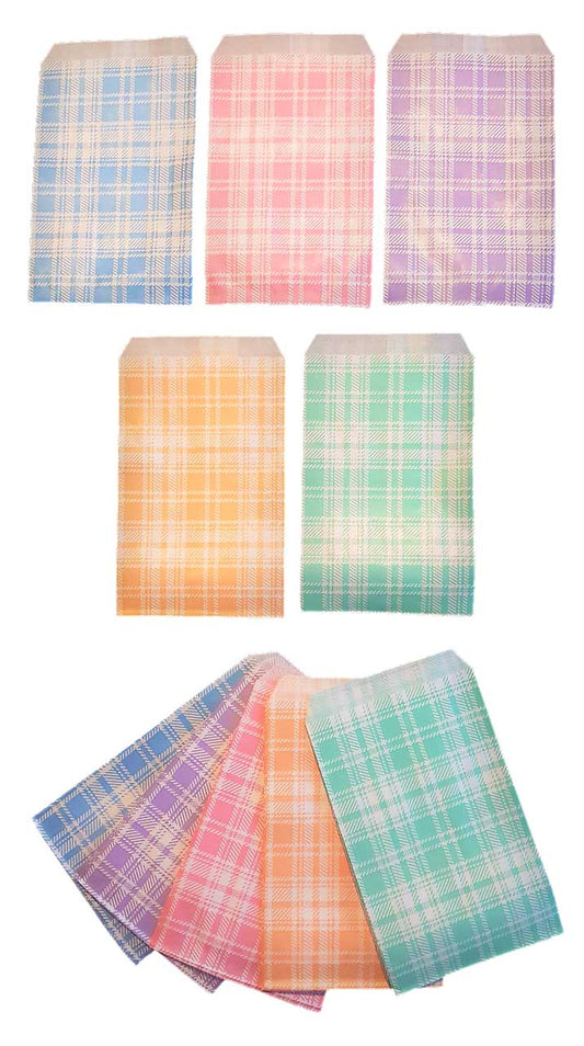 Blue, purple, pink, orange, and green flat paper bag assortment