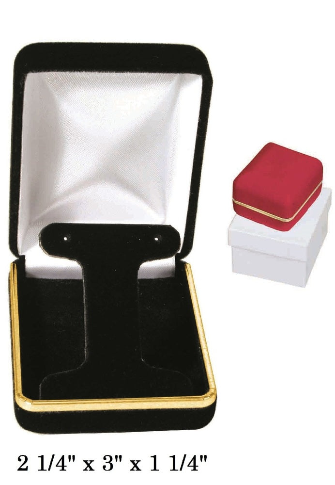 Classic Red Velvet Metal T-Shape Earring Gift Box with Brass Trim