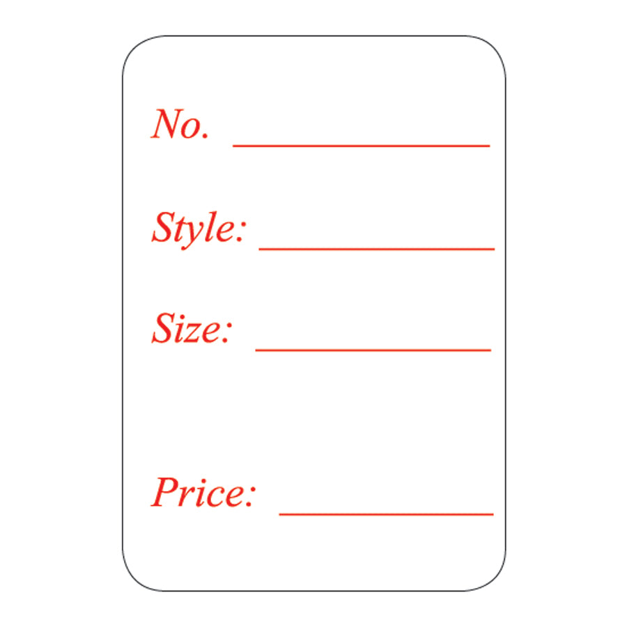 1 1/8" x 1 5/8"H Self Adhesive Pre-Printed "No. Style: Size: Price:" Labels (500 labels)