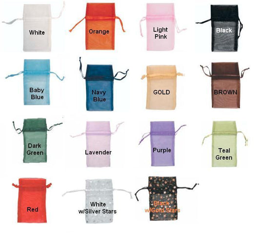 15 Organza Bag colors laid out in grid to show colors