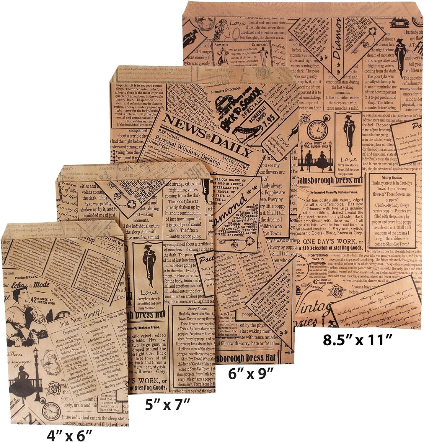 8.5" x 11" Newsprint Pattern Decorative Flat Paper Gift Bags on Brown Kraft Bags - for Sales/Treats/Party favors/Cookies/Gifts.