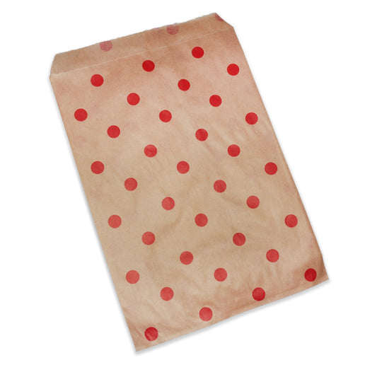 100 Qty 5" x 7" Decorative Flat Paper Gift Bags - Red Polka-Dot on Brown Kraft Bags - for Sales/Treats/Parties Cookies/Gifts - N'icePackaging