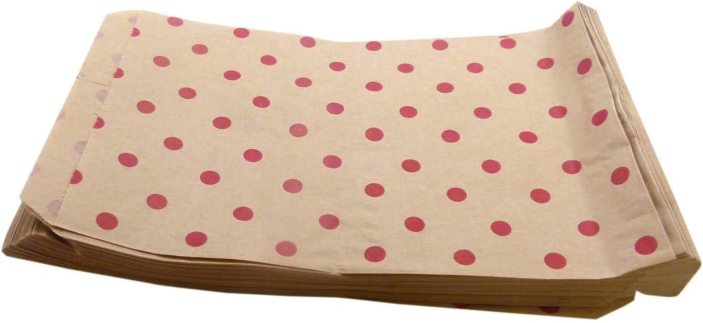 100 Qty 4" x 6" Decorative Flat Paper Gift Bags - Red Polka-Dot on Brown Kraft Bags