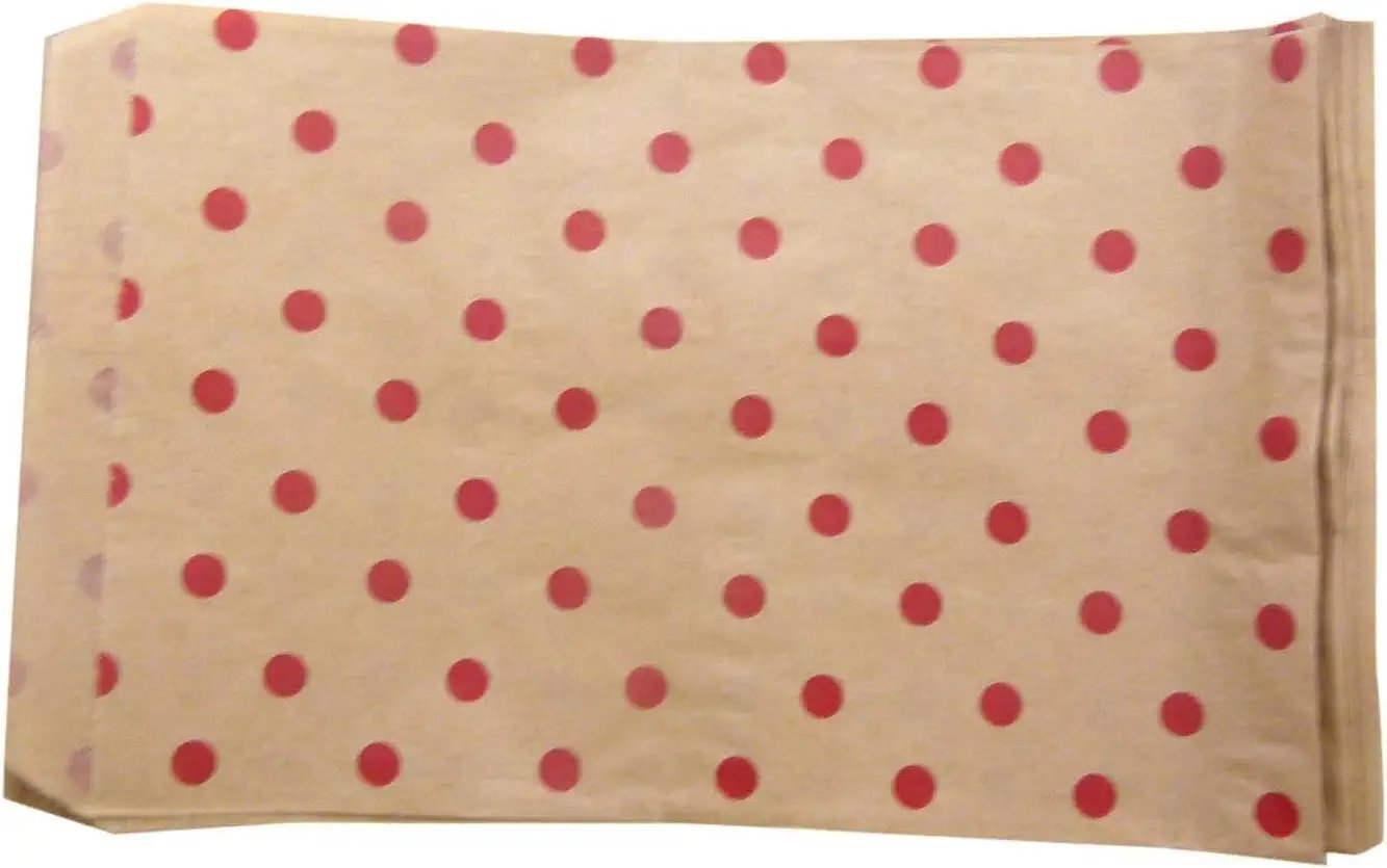 20 Qty Decorative Flat Paper Gift Bags - Red Polka-Dot on Brown Kraft Bags