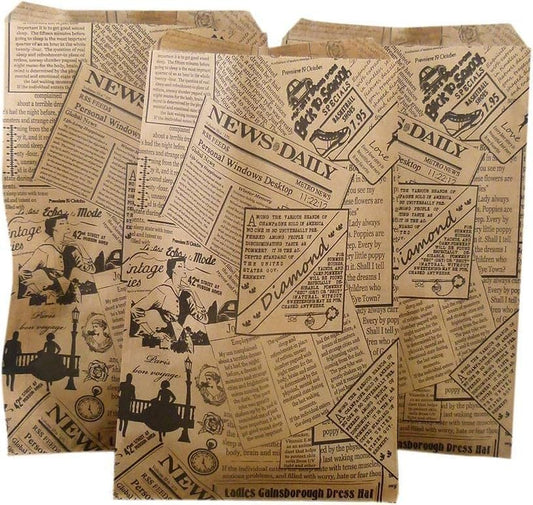 6" x 9" Newsprint Pattern Decorative Flat Paper Gift Bags on Brown Kraft Bags - for Sales/Treats/Party favors/Cookies/Gifts.