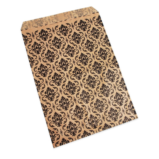 300 Qty 5" x 7" Decorative Flat Paper Gift Bags - Damask Pattern on Brown Kraft Bags - for Sales/Treats/Parties Cookies/Gifts - N'icePackaging