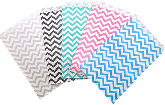 100 Qty 5" x 7" Decorative Flat Paper Gift Bags - Mixed Chevron Color Patterns on White Bags - for Sales/Treats/Parties Cookies/Gifts - N'icePackaging