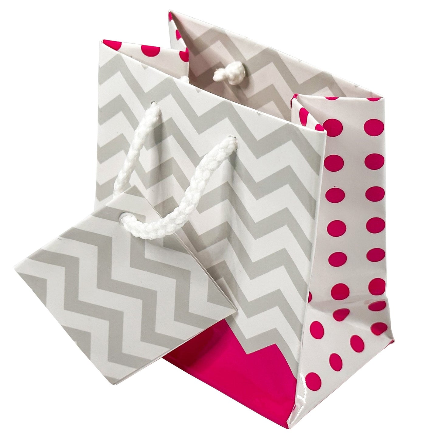 10 Qty – Pink Polka-Dot/Chevron Paper Tote Gift Bags