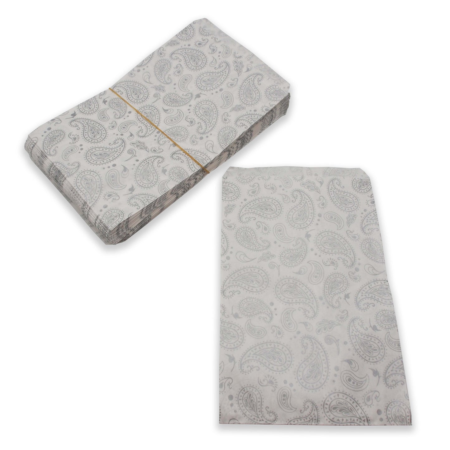 6" x 9" Decorative Flat Paper Gift Bags - Fancy Silver Paisley Pattern on White Kraft Bags - For Sales/Treats/Parties Cookies/Gifts - N'icePackaging