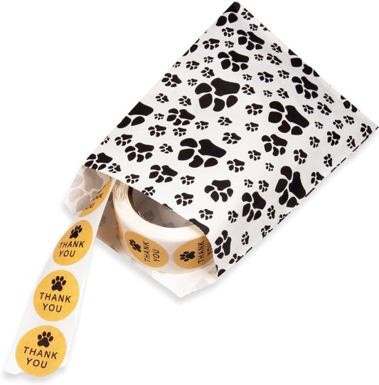 100 Quantity 4” x 6” Flat Plain Paper or Patterned Decorative Bags - for Sales Merchandise/Candy/Cookies/Party Favors/Pens/Gifts - N'icePackaging (White Paw Print, 4" x 6")