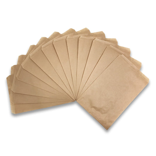 100 Qty Decorative Flat Paper Gift Bags - Plain Brown Kraft Bags - for Sales/Treats/Parties Cookies/Gifts - N'icePackaging