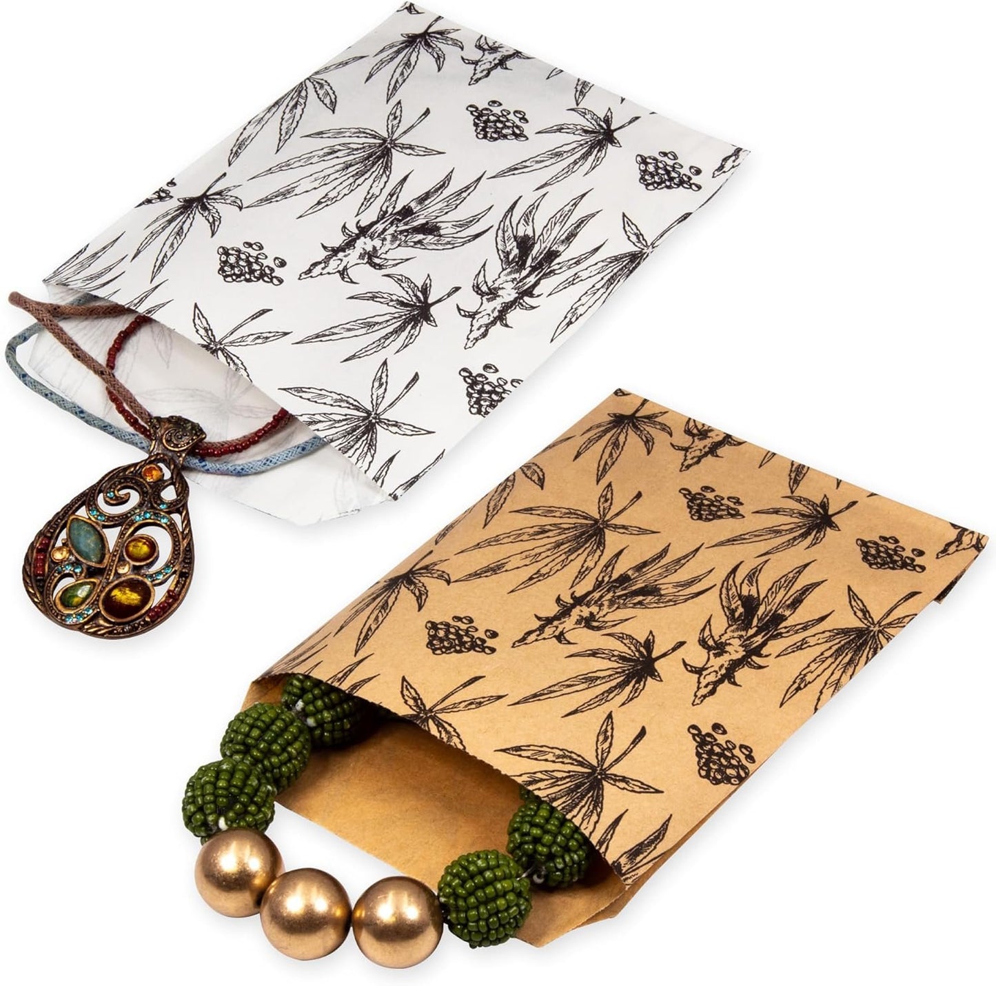 50 Bags of our Cannabis Leaf Print Flat Merchandise Bags, 100% Recyclable and Biodegradable, White or Brown Kraft Paper Bags for Gifts, Brownies, Cookie, and so much more.… (Brown, 6" x 9")