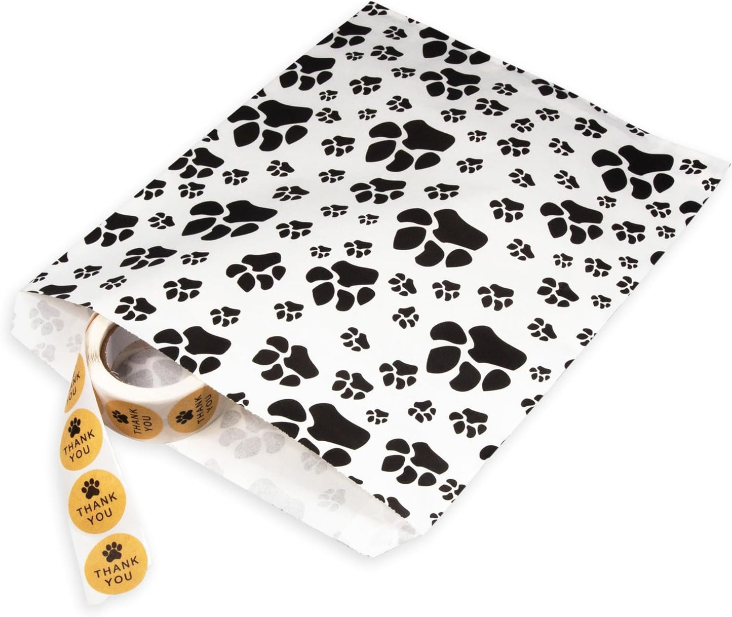 50 White or Brown Bags of Our Decorative Flat Paper Gift Bags - Paw-Print Pattern for Sales/Treats/Parties Cookies/Gifts.