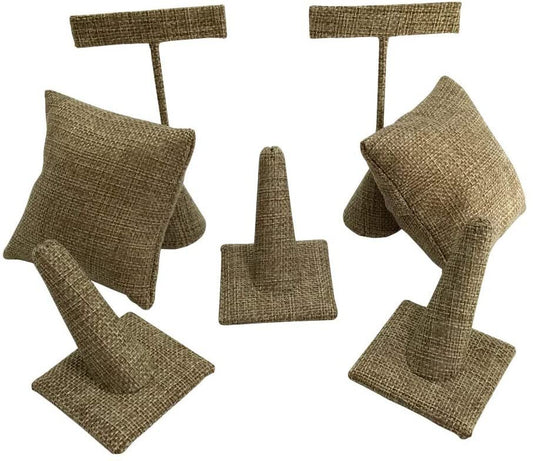 N'icePackaging 7 Piece Burlap-Canvas Small Jewelry Display Set - 2 Earring Stands - 3 Ring Displays - 2 Watch/Bracelet Pillows - for Sales/Display/Home Crafts