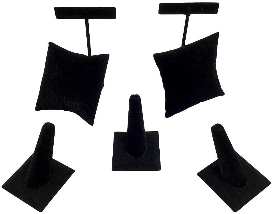 N'icePackaging 7 Piece Midnight-Black Velvet Small Jewelry Display Set - 2 Earring Stands - 3 Ring Displays - 2 Watch/Bracelet Pillows - for Sales/Display/Home Crafts