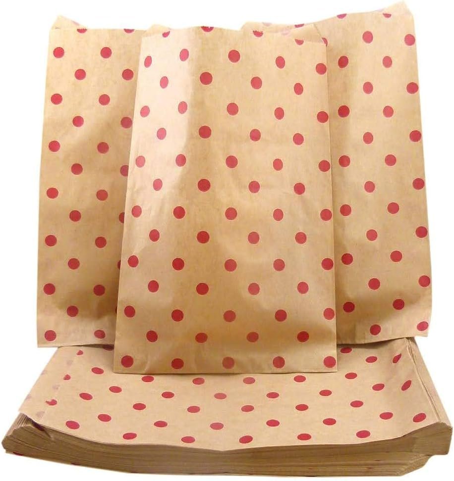 100 Qty 4" x 6" Decorative Flat Paper Gift Bags - Red Polka-Dot on Brown Kraft Bags