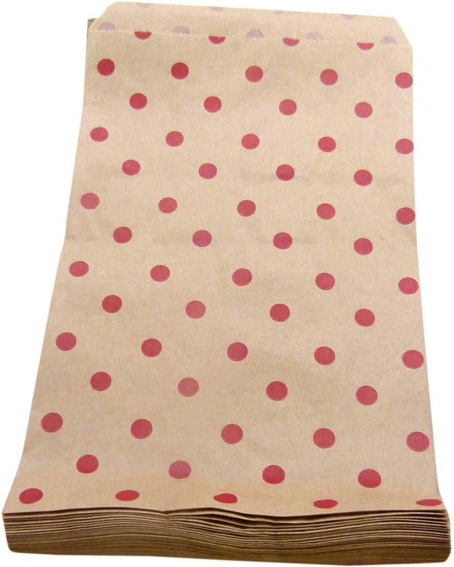 100 Qty 4" x 6" Decorative Flat Paper Gift Bags - Red Polka-Dot on Brown Kraft Bags