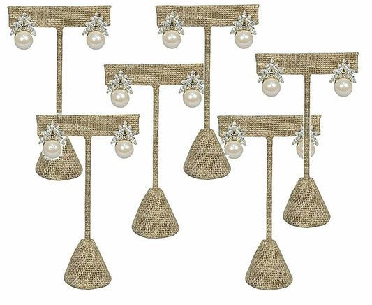 6 Burlap Fabric Earring T Stand Showcase Displays 6.75"