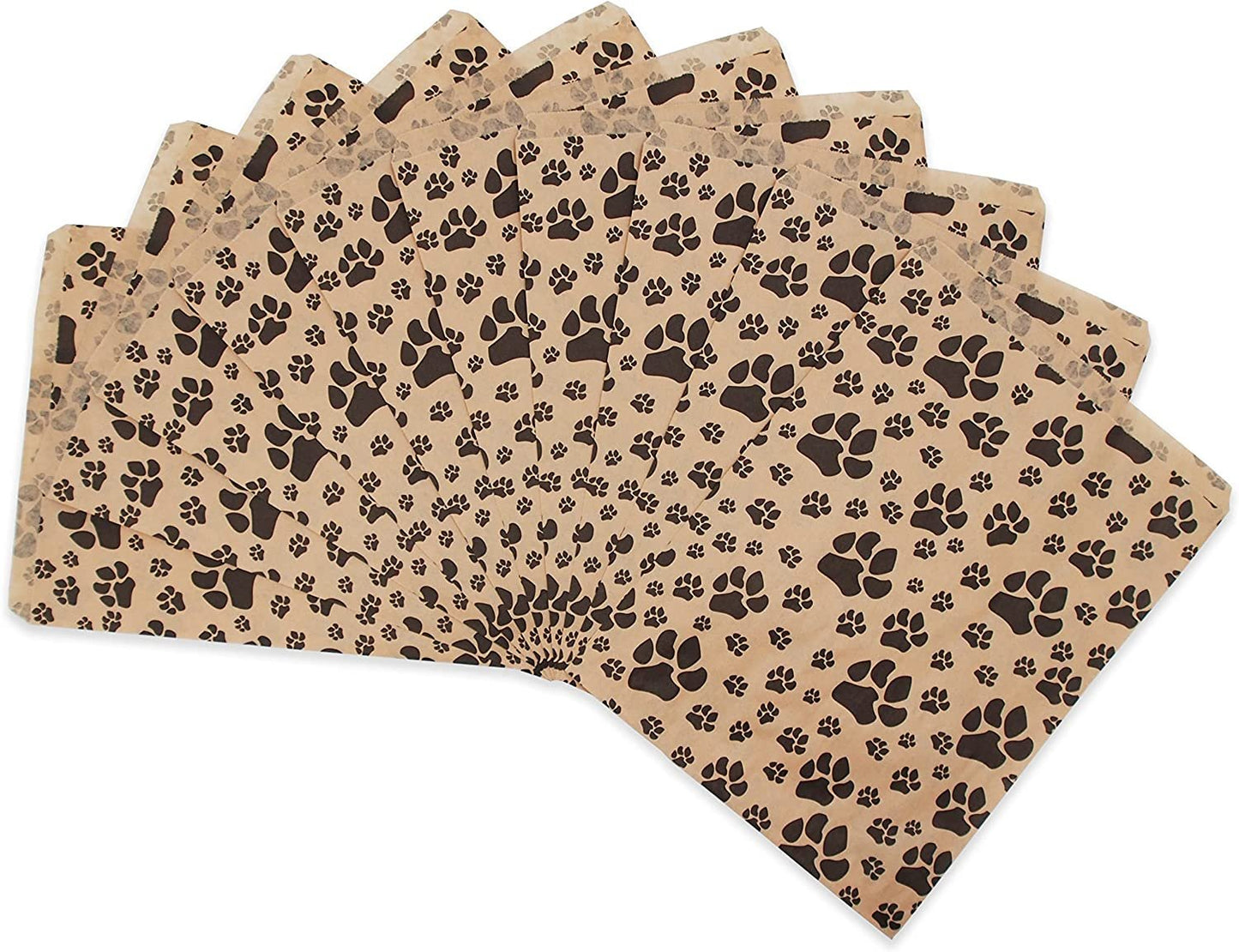 50 White or Brown Bags of Our Decorative Flat Paper Gift Bags - Paw-Print Pattern for Sales/Treats/Parties Cookies/Gifts.