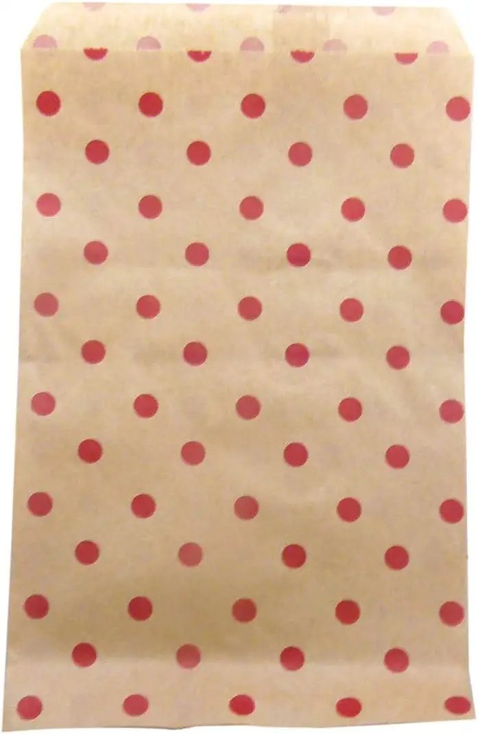 20 Qty Decorative Flat Paper Gift Bags - Red Polka-Dot on Brown Kraft Bags