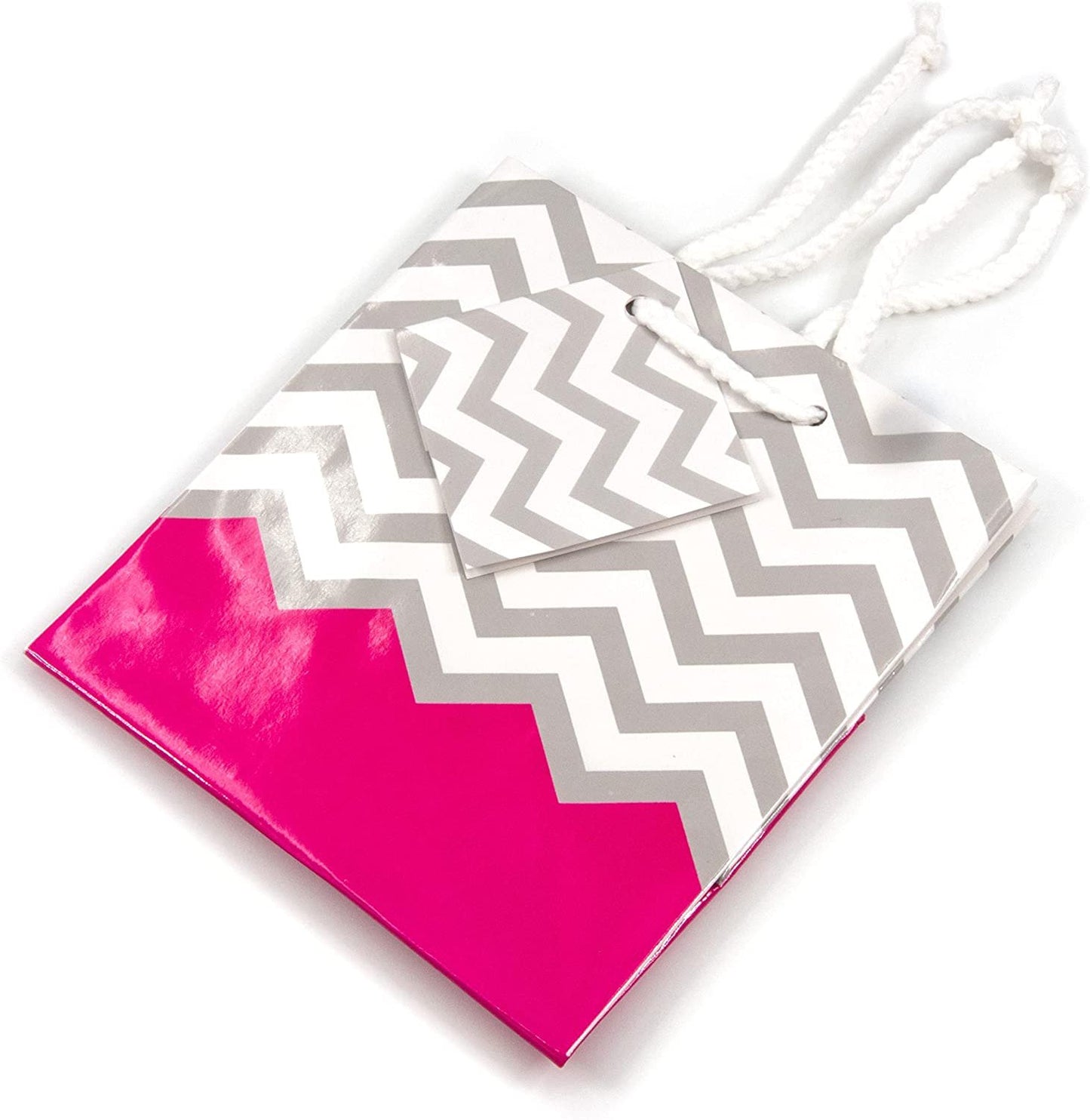 10 Qty – Pink Polka-Dot/Chevron Paper Tote Gift Bags