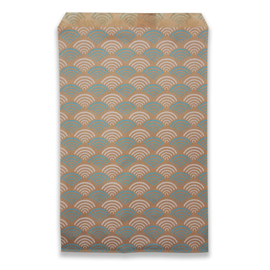 N'icePackaging - Decorative Flat Paper Gift Bags - Baby-Blue Fan Pattern on Brown Kraft Bags - 20/50 / 100/200 / 300 Qty