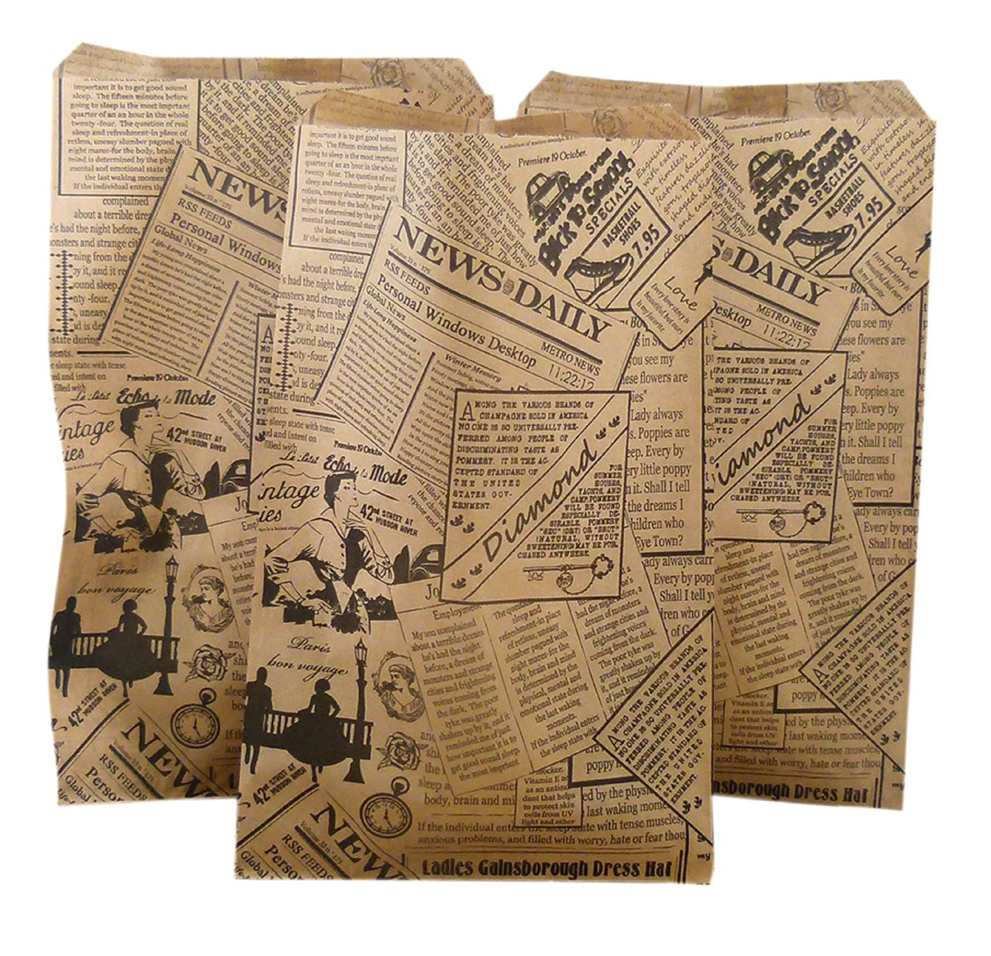 100 Qty Decorative Flat Paper Gift Bags - Newsprint Pattern Bags - for Sales/Treats/Parties Cookies/Gifts - N'icePackaging