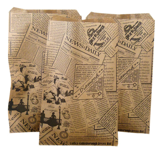 100 Qty Decorative Flat Paper Gift Bags - Newsprint Pattern Bags - for Sales/Treats/Parties Cookies/Gifts - N'icePackaging