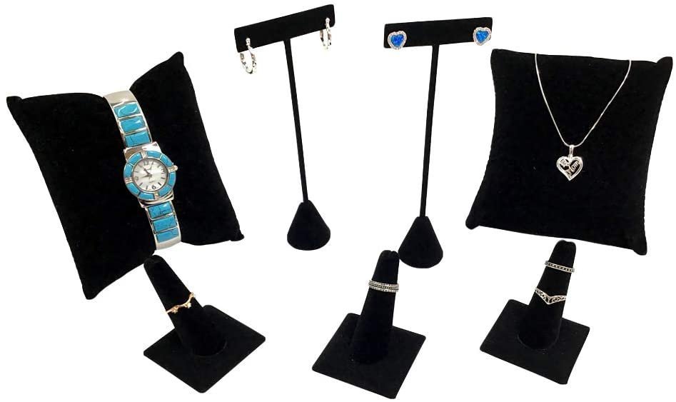 N'icePackaging 7 Piece Midnight-Black Velvet Jewelry Display Set - 2 Earring Stands - 3 Ring Displays - 2 Watch/Bracelet Pillows - for Sales/Display/Home Crafts