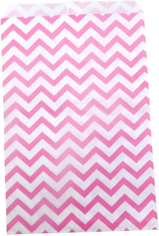 20 Qty 6" x 9" Decorative Flat Paper Gift Bags - Pink Chevron Pattern on White Kraft Bags - for Sales/Treats/Parties Cookies/Gifts - N'icePackaging