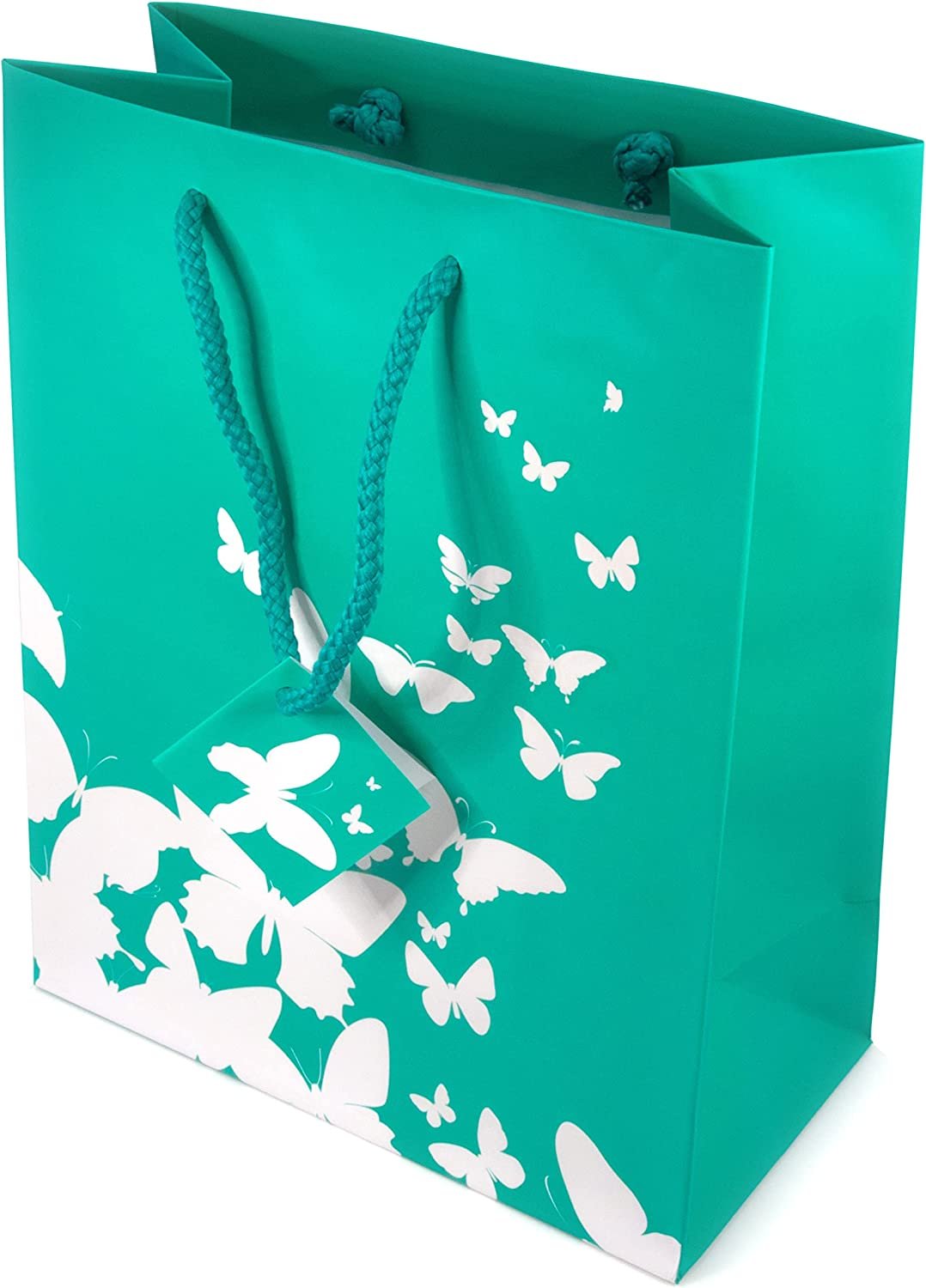 N’icePackaging – 10 Qty – Teal-Green w/White Butterfly Print Paper Tote Gift Bags – For Birthdays/Holidays/Parties/Gifts/Sales/Showers/Special Occasions – 4 Sizes