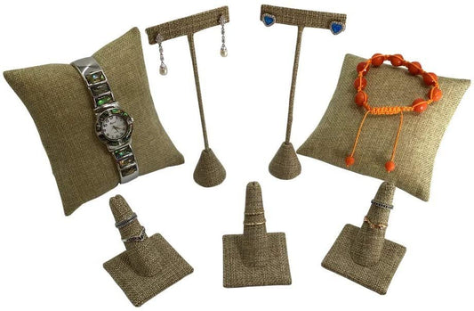 N'icePackaging 7 Piece Burlap-Canvas Jewelry Display Set - 2 Earring Stands - 3 Ring Displays - 2 Watch/Bracelet Pillows - for Sales/Display/Home Crafts