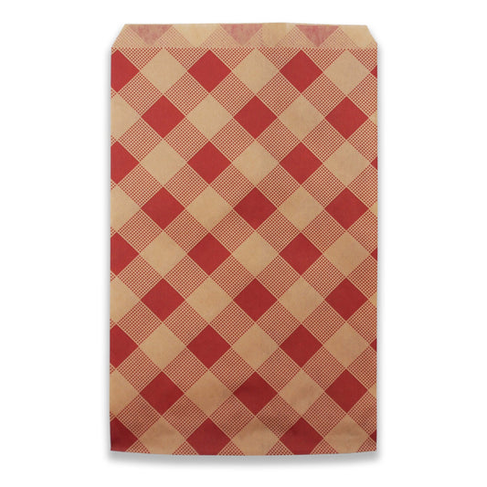 300 Qty 6" x 9" Decorative Flat Paper Gift Bags - Woven Red-Buffalo Pattern on Brown Kraft Bags - For Sales/Treats/Parties/Cookies/Gifts - N'icePackaging