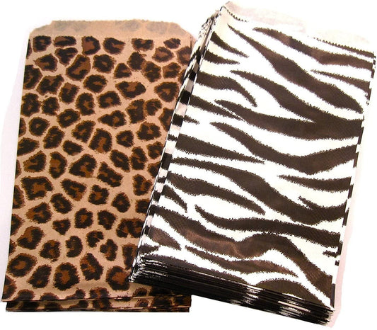 50 of Flat Paper Bags 25 Cheetah Leopard & 25 Zebra Animal Print Party Retail Gift Holiday Wrap Wrapping Sacks