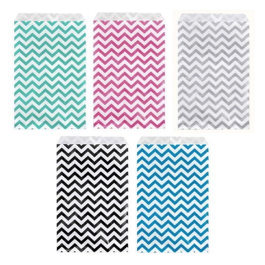 100 Bags/Pack - Flat Mixed Chevron Paper Bags for candy, cookies, merchandise, pens, Party favors, Gift bags, and promotional bags