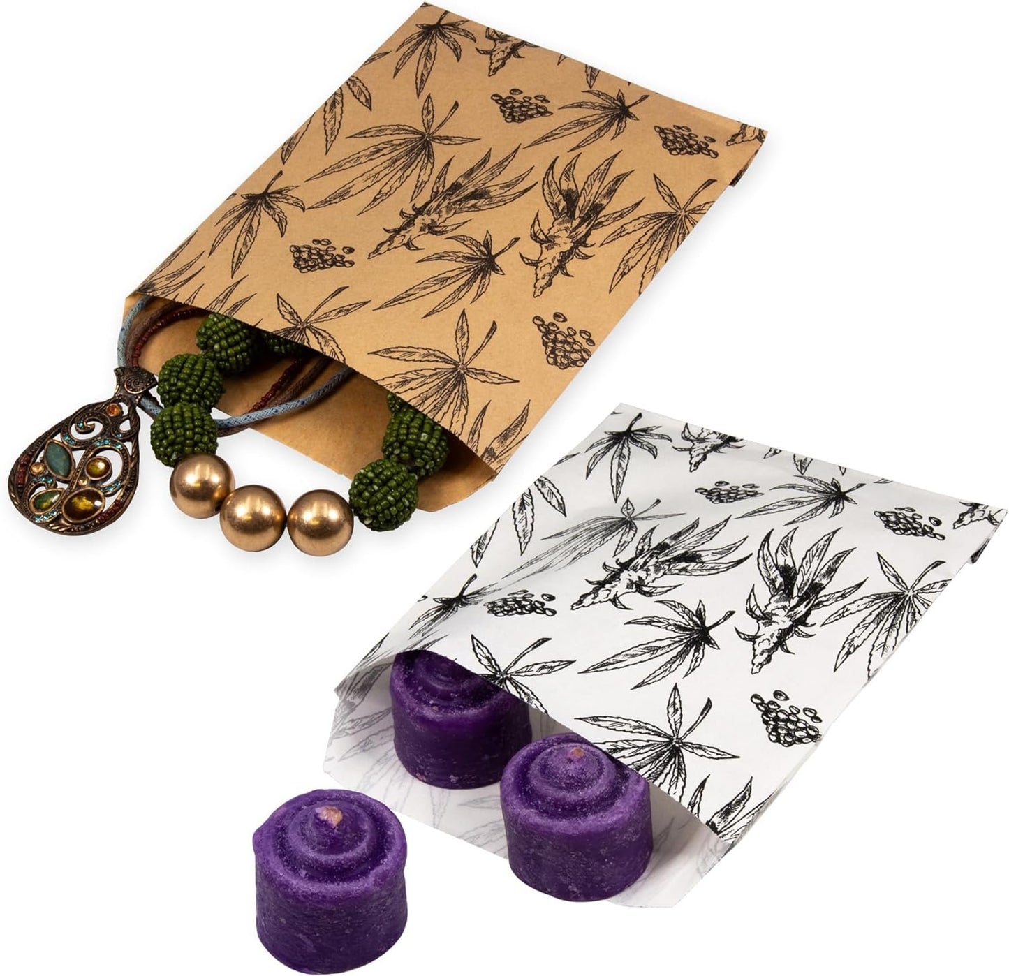 100 Bags of our Cannabis Leaf Print Flat Merchandise Bags, 100% Recyclable and Biodegradable, White or Brown Kraft Paper Bags Favors, Gifts, Brownies, Cookies and so much more.… (White, 6" x 9")