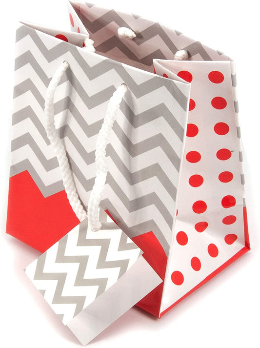 10 Bags Coral Polka-Dot/Chevron Paper Tote Gift Bags.