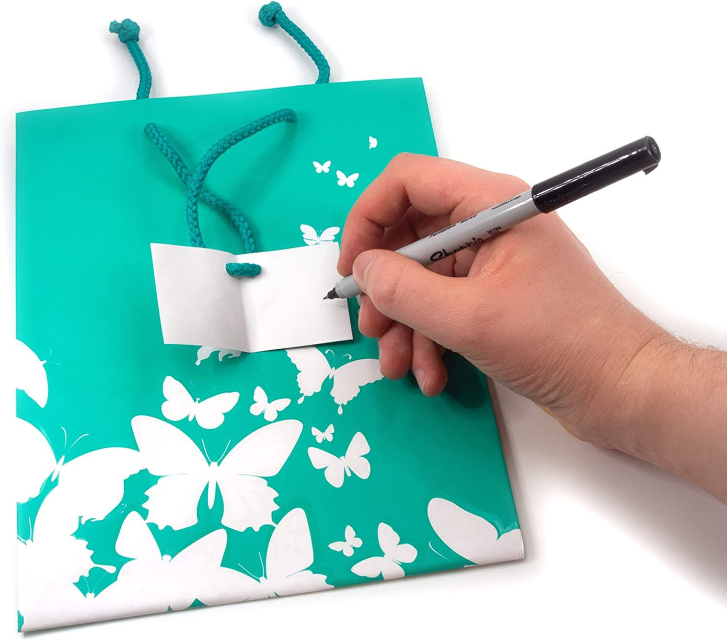 N’icePackaging – 10 Qty – Teal-Green w/White Butterfly Print Paper Tote Gift Bags – For Birthdays/Holidays/Parties/Gifts/Sales/Showers/Special Occasions – 4 Sizes