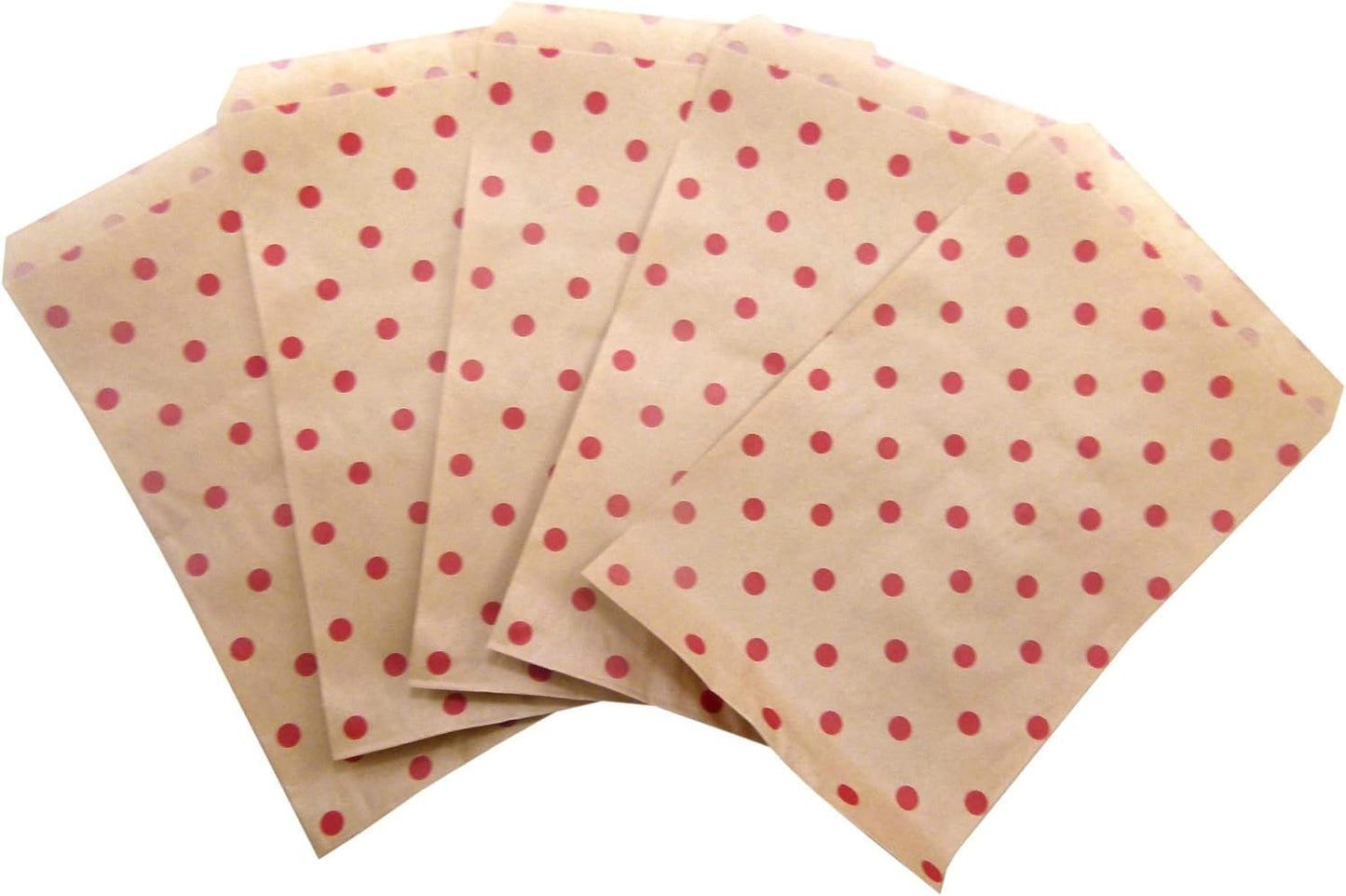 100 Qty 4" x 6" Decorative Flat Paper Gift Bags - Red Polka-Dot on Brown Kraft Bags