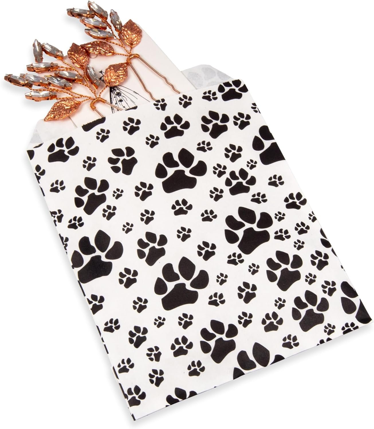 100 Quantity 4” x 6” Flat Plain Paper or Patterned Decorative Bags - for Sales Merchandise/Candy/Cookies/Party Favors/Pens/Gifts - N'icePackaging (White Paw Print, 4" x 6")