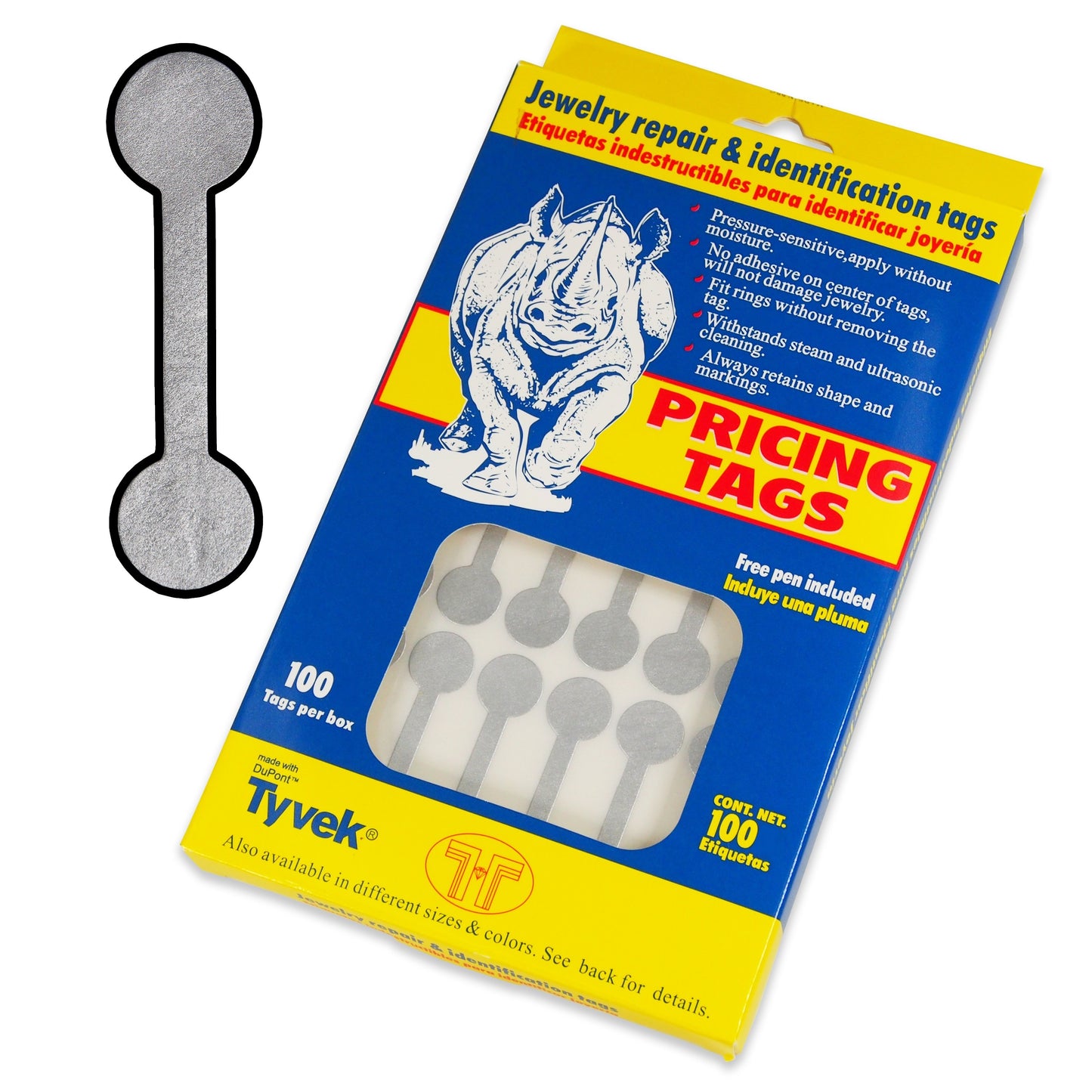 100 Qty - Tyvek dumbbell Jewelry Price Tags for pricing and identification.