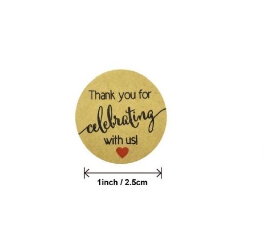 500 Qty – 1 inch – Kraft w/Black Print and Red Heart Thank You for Celebrating with Us Stickers/Sealers