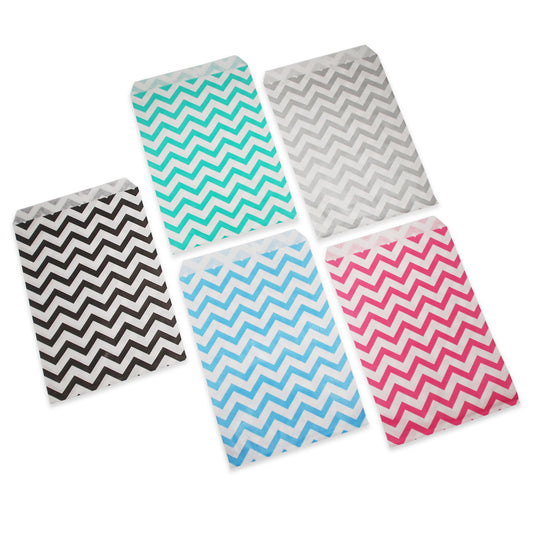 100 Qty 5" x 7" Decorative Flat Paper Gift Bags - Mixed Chevron Color Patterns on White Bags - for Sales/Treats/Parties Cookies/Gifts - N'icePackaging