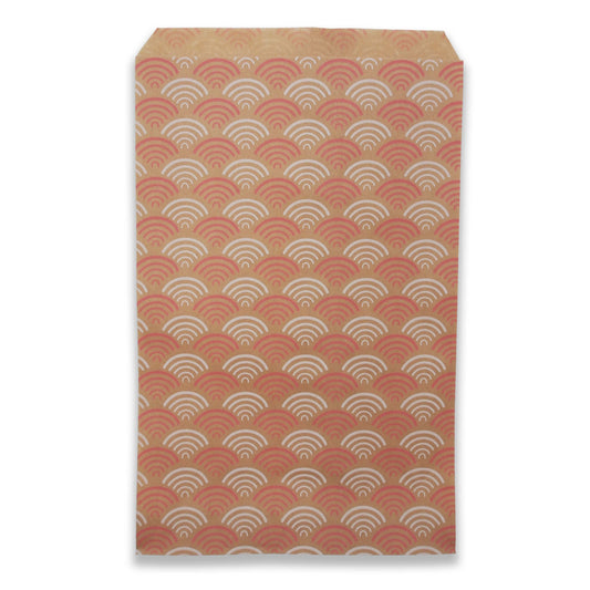 6" x 9" Decorative Flat Paper Gift Bags - Flamingo-Pink Fan Pattern on Brown Kraft Bags - For Sales/Treats/Parties Cookies/Gifts - N'icePackaging