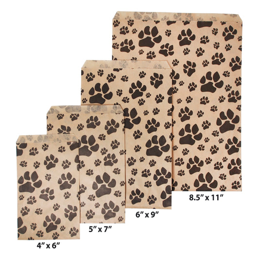 100 White or Brown Bags/Pack of our Decorative Flat Paper Gift Bags - Paw-Print Pattern for Sales/Treats/Parties Cookies/Gifts