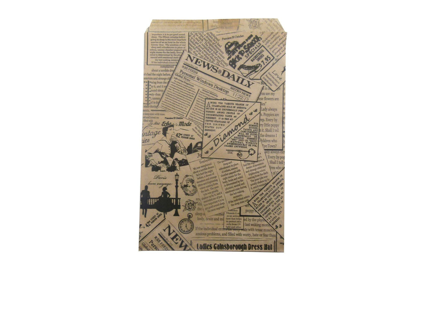 100 Qty Decorative Flat Paper Gift Bags - Newsprint Pattern Bags - for Sales/Treats/Parties Cookies/Gifts - N'icePackaging