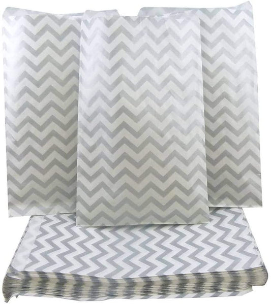 100 Qty 6" x 9" Decorative Flat Paper Gift Bags - Silver Chevron Pattern on White Kraft Bags - for Sales/Treats/Parties Cookies/Gifts - N'icePackaging